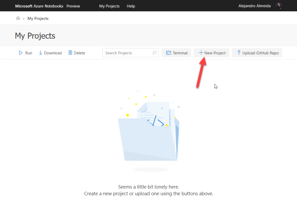 Botón de nuevo proyecto en Azure Notebooks